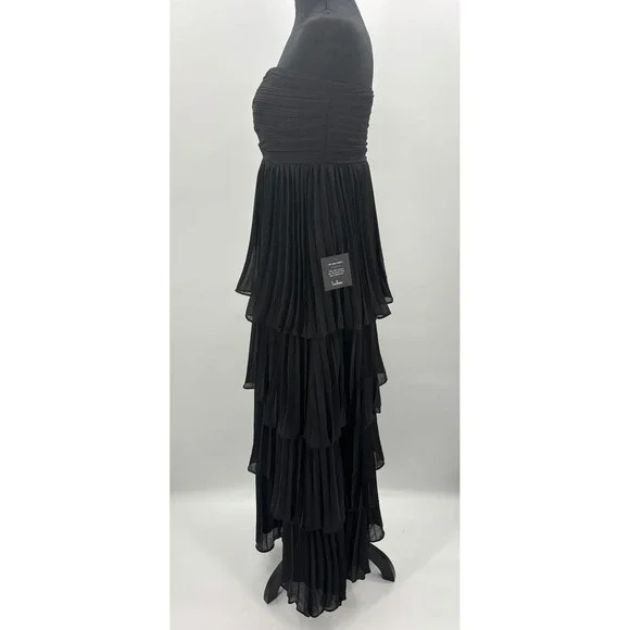 Lulus Seriously Sensational Black Strapless Tiered Pleated Maxi Dress Size M